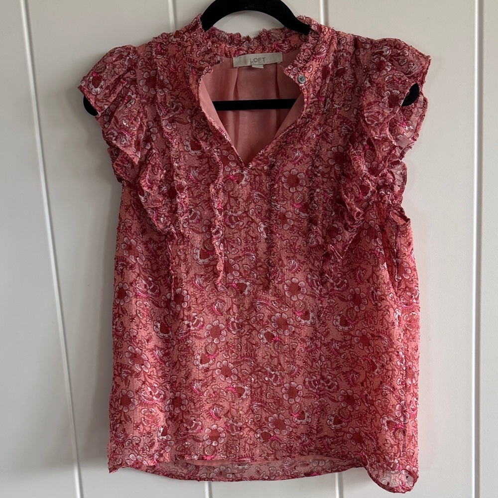 LOFT Coral Floral Ruffle Blouse